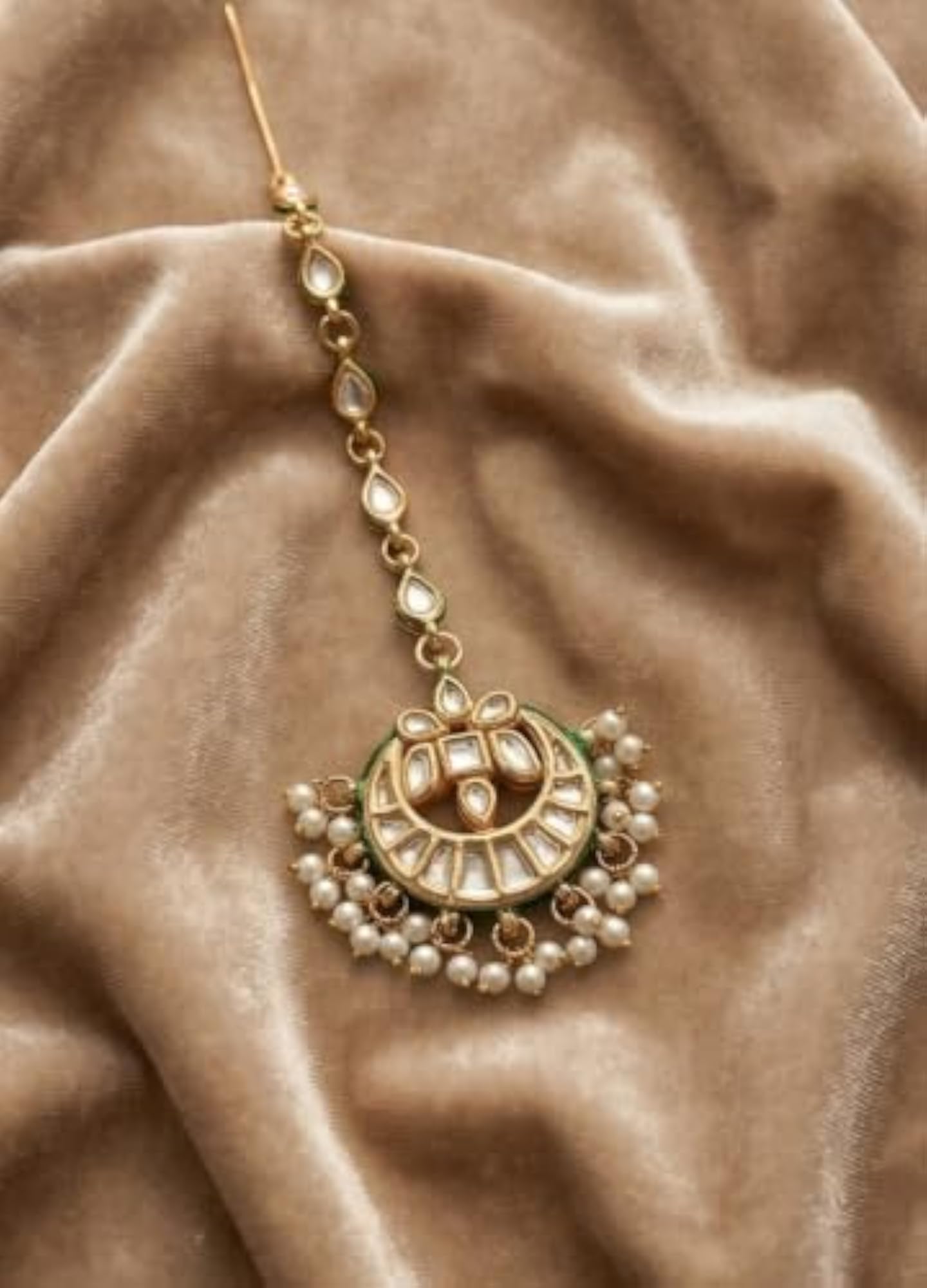 Kundan Pearl Maang Tikka with Green Meenakari Work